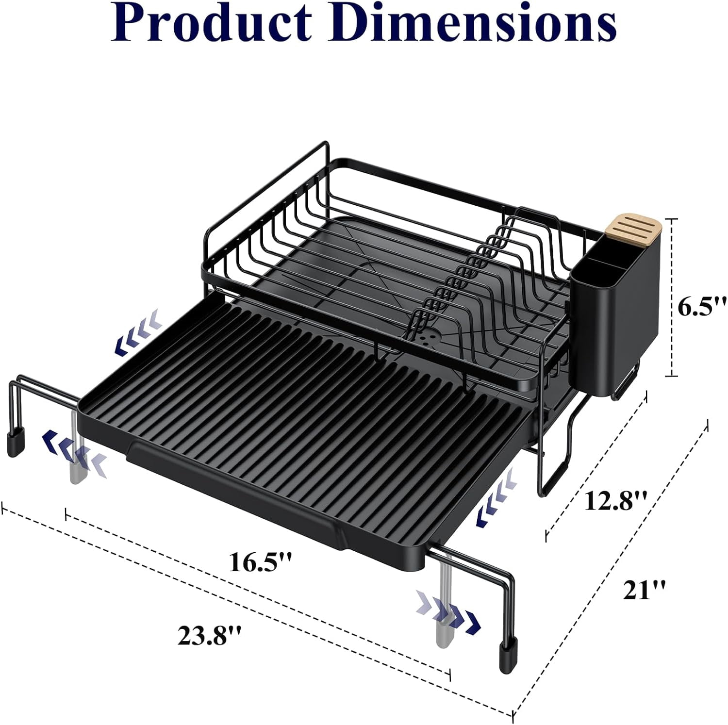 Extendable Dish Drying Rack - Adjustable Length 12.8"–21.0", Auto-Draining Dish Rack for Kitchen Counter, Rust-Resistant Metal Frame Over-Sink Support for Plates, Bowls & Utensils, Grey