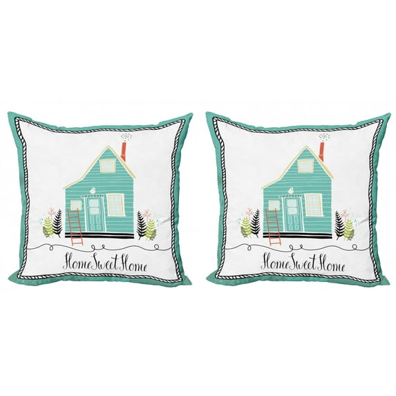 Saying Throw Pillow Cushion Cover Pack of 2, Small House in the Countryside Rustic Theme Fern Leaves Grunge Doodle Frame, Zippered Double-Side Digital Print, 4 Sizes, Multicolor, by Ambesonne