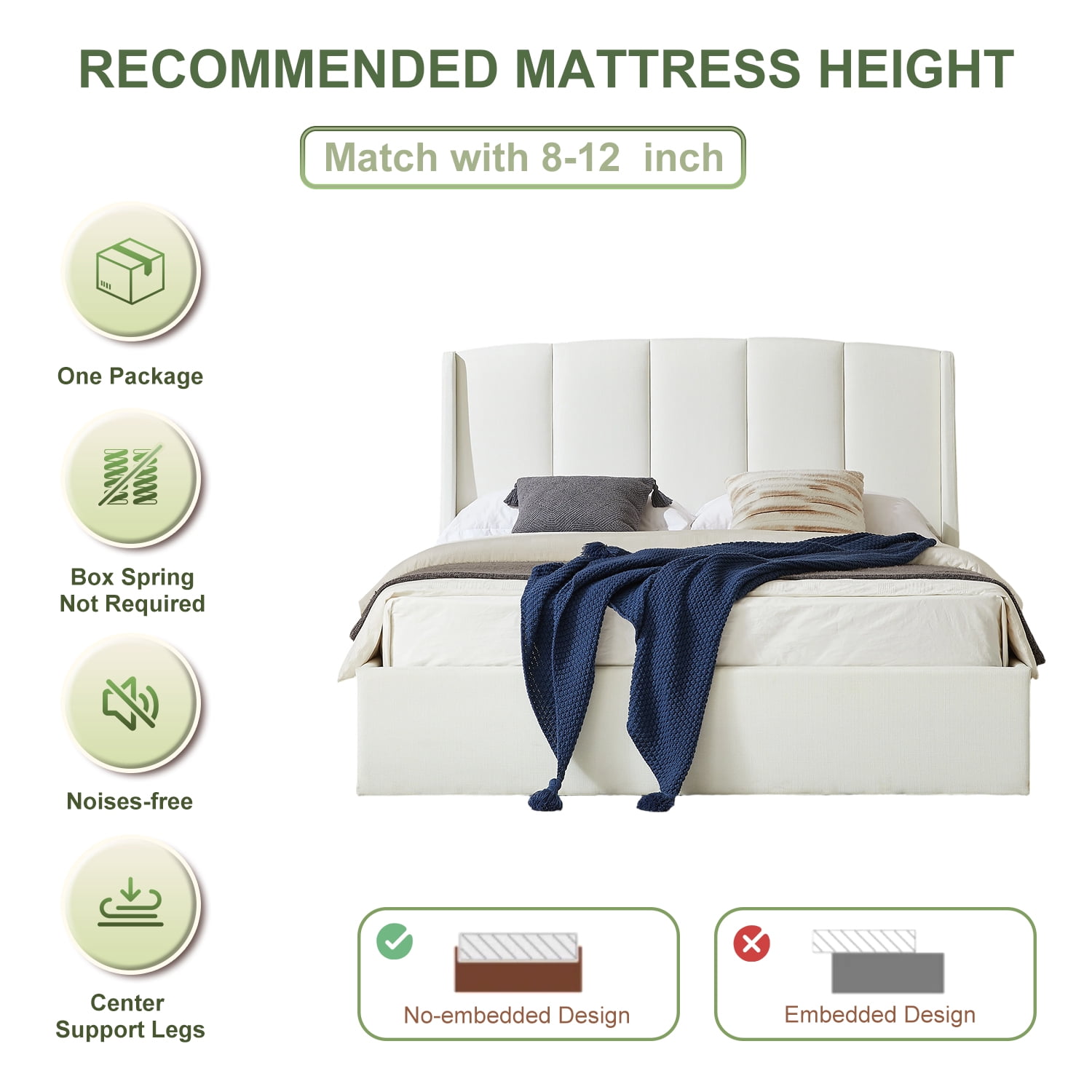 VELOCAVA Queen Upholstered Lift-up Storage Bed with Vertical Channel Wingback Headboard, White
