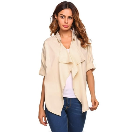 3/4 Sleeve Open Cardigan - Women's Roll Up 3/4 Sleeve Open Front Draped Solid Irregular Hem Cardigan Coat HITC