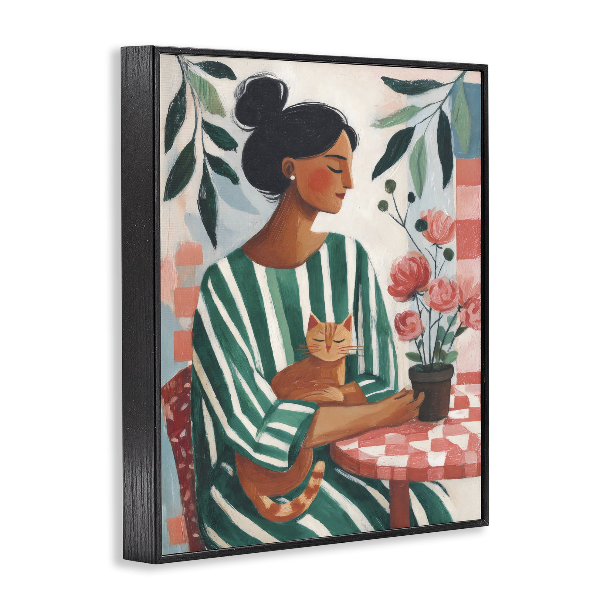 Stupell Industries Cat Lady in Striped Dress Black Framed Giclee Art, design by Sisi and Seb