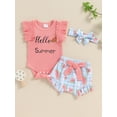 thumbnail image 2 of Nygoyerh Baby Girls Summer 3Pcs Outfits Fly Sleeve Letter Print Romper + Cute Fruits Print Shorts + Bow Headband 3M 6M 9M 12M 18M Newborn Infant Casual Shorts Sets, 2 of 9