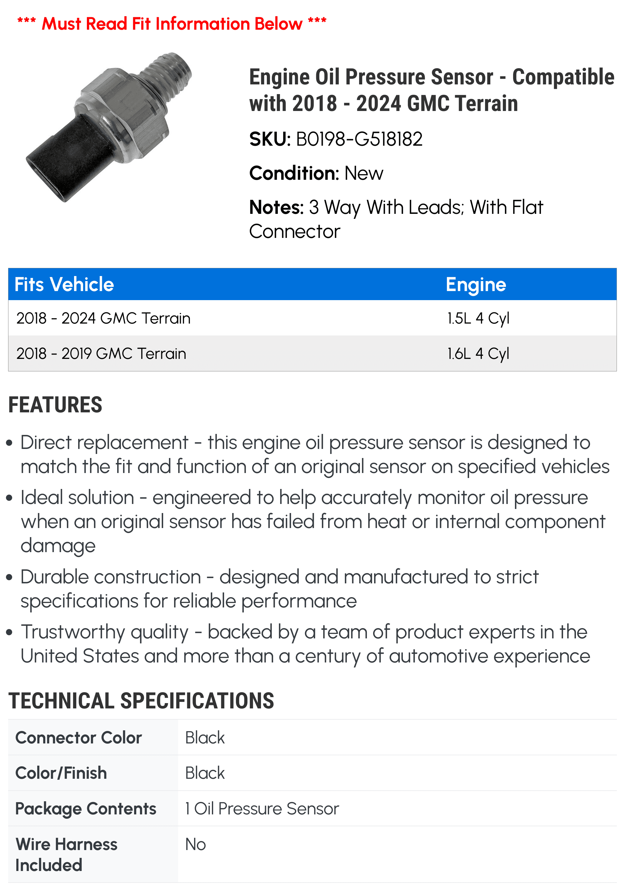 Engine Oil Pressure Sensor - Compatible with 2018 - 2024 GMC Terrain 2019 2020 2021 2022 2023