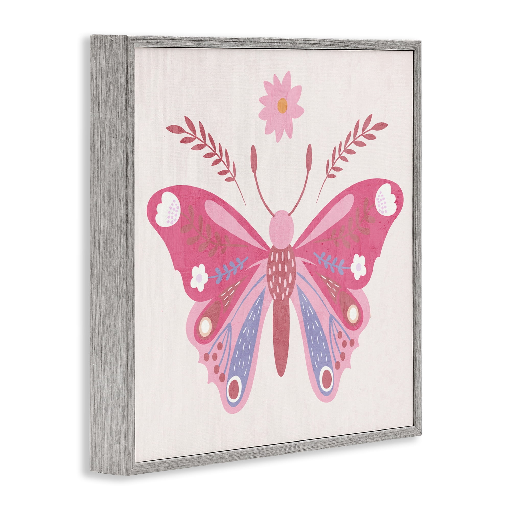 Stupell Industries Folk Butterfly in Pink Gray Framed Giclee Art, design by Kim Allen