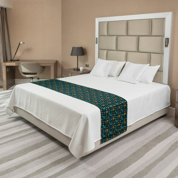 Geometric Bed Runner, Illustration of Repetitive Irregularly Triangular Shaped Motifs, Decorative Accent Bedding Scarf for Hotels Homes and Guestrooms, King, Dark Teal and Multicolor, by Ambesonne