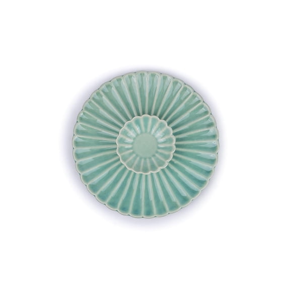 Large Flower Ceramic Serving Platter With Dip, 75ml - Light Mint | Serving Plate With Glossy Finish | Platters Serving Set | Snacks Serving Plates | Ceramic Flower Platter + Dip