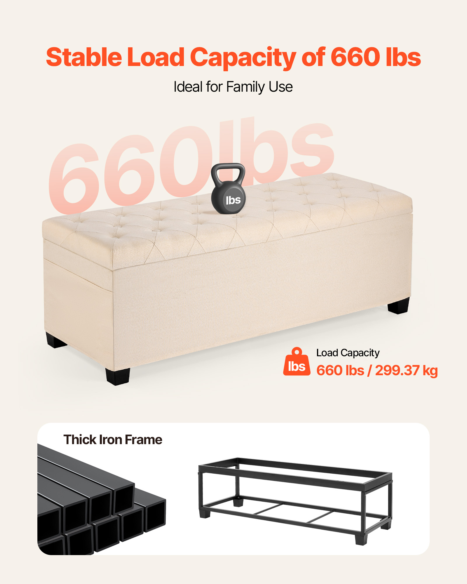 VEVOR Storage Ottoman Bench, Button-Tufted End of Bed Bench with Side Bags, Flip-up Upholstered Storage Chest with Metal Frame, Linen Bed Ottoman for Living Room, Bedroom, Entryway, Office, Beige