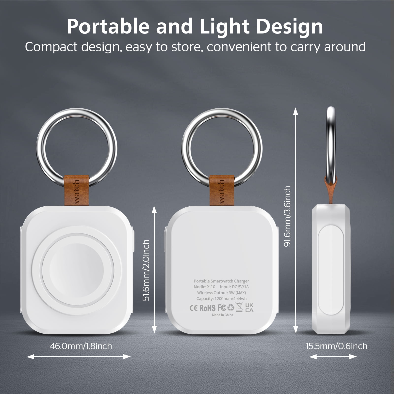 MYXON 1200mAh Wireless Portable Charger for Apple Watch, Keychain Travel Charger, Compatible with Series 10/9/8/7/SE/6/5/4/3/2/Ultra/Ultra 2, Type-C & USB Powered
