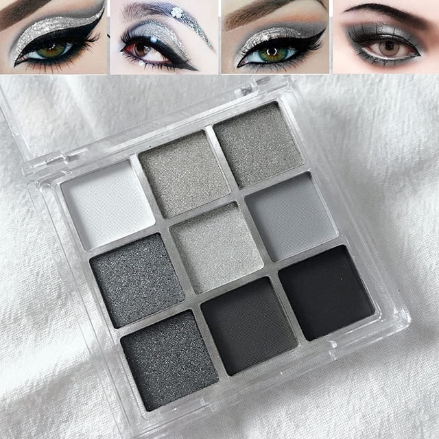 Paleta de sombras de ojos Black Smokey, maquillaje de ojos negros, paleta de sombras de ojos con brillo gris plata mate de 9 colores, sombra de ojos de Halloween con pigmento de brillo prensado JAMW Sencillez
