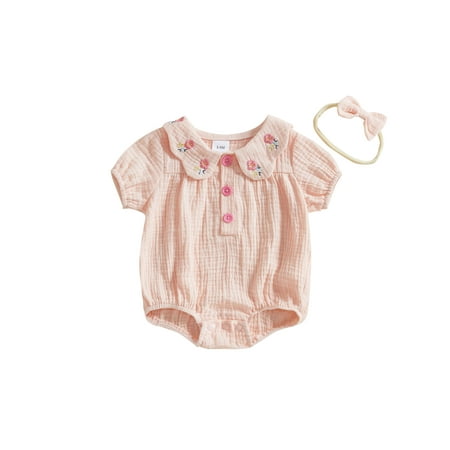 

Baby Girls Rompers Flower Embroidery Doll Collar Short Sleeve Jumpsuits Bodysuits Headband Set Infant Summer Clothes