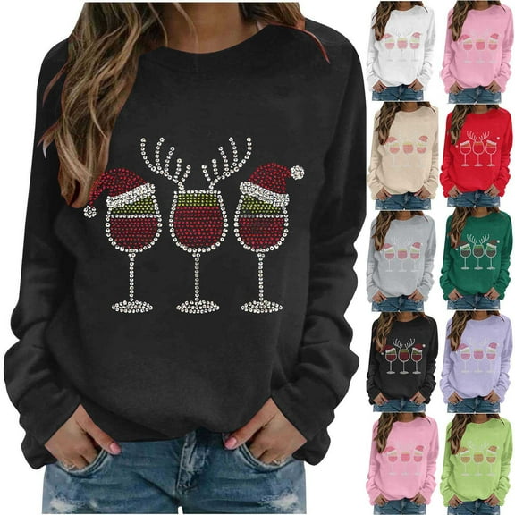qucoqpe Crewneck Sweatshirt for Women Fall Fashion Womens Christmas Wine Glass Rhinestone Pullover Tops Casual Bling Sparkly Long Sleeve Shirts