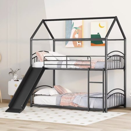 Twin Over Twin House Bunk Bed with Slide  Metal Bunk Bed with Roof Design & Guardrails  Low Bunk Bed Frame for Girls Boys Teens  Can Convertible into 2 Separate Beds  No Box Spring Needed  Black