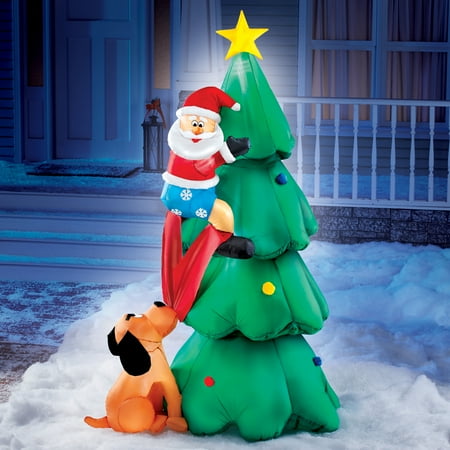 Dog Chasing Santa Up Christmas Tree Yard Inflatable Funny