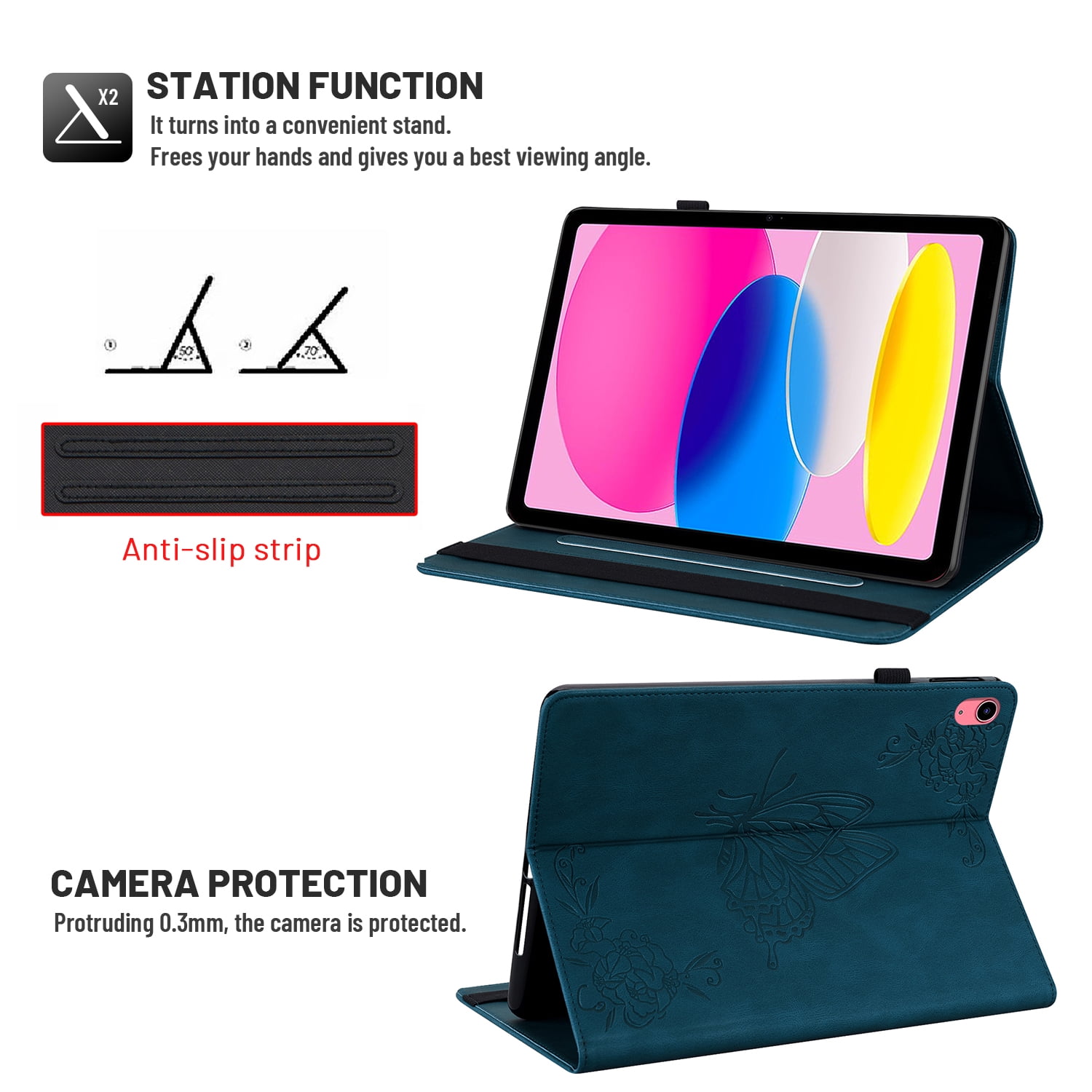 Dteck Smart Folio Case for Apple iPad (10th generation), Embossed Butterfly PU Leather Flip Stand Cover with Card Slots Pencil Holder Auto Wake Sleep Case for iPad 10th Gen 10.9" 2022,Blue