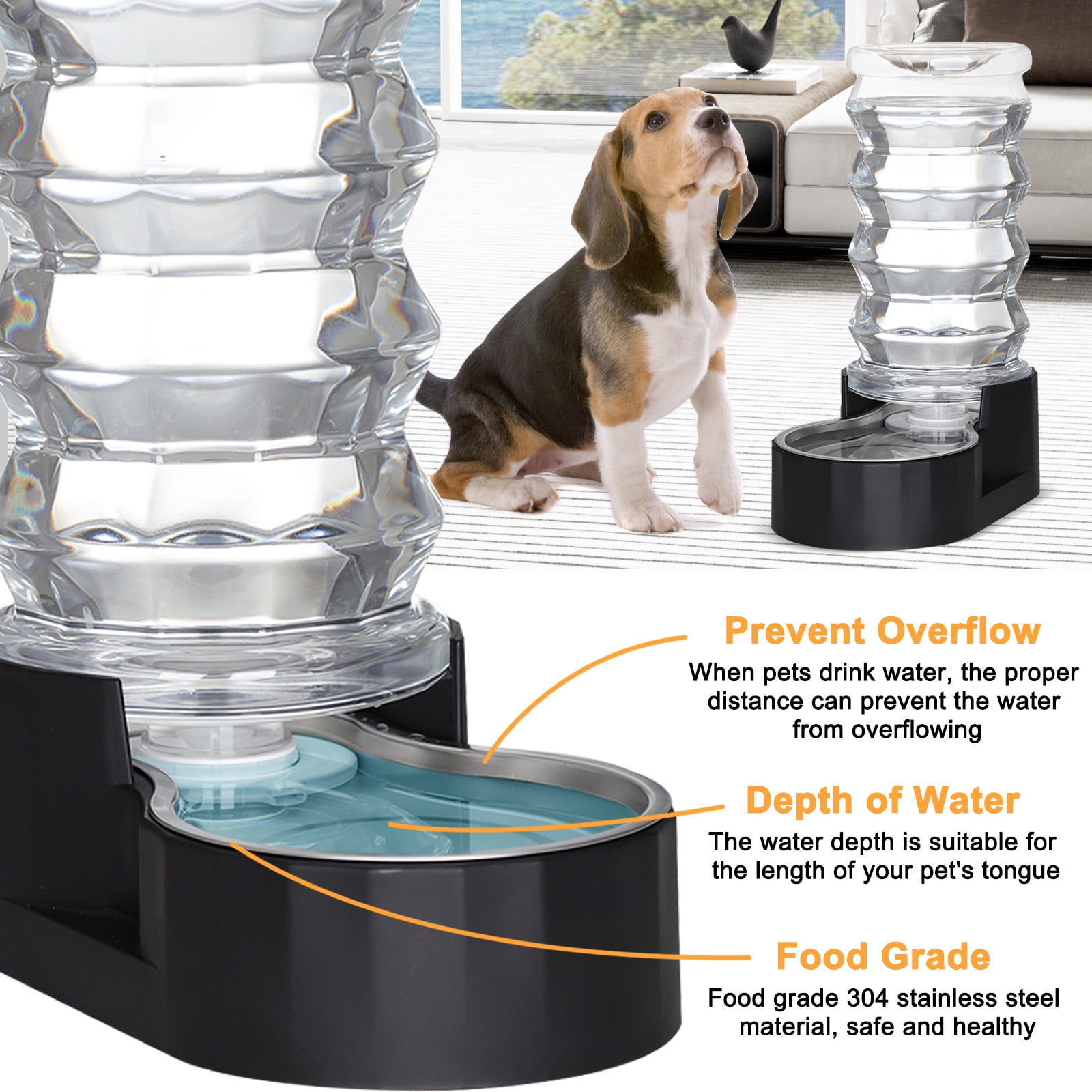 RIZZARI Black 8L Automatic Pet Waterer - Gravity-fed Stainless Steel Water Dispenser, 100% BPA Free, Leak-proof, Odorless, Easy to clean,  Large Capacity Feeder for Cats and Dogs