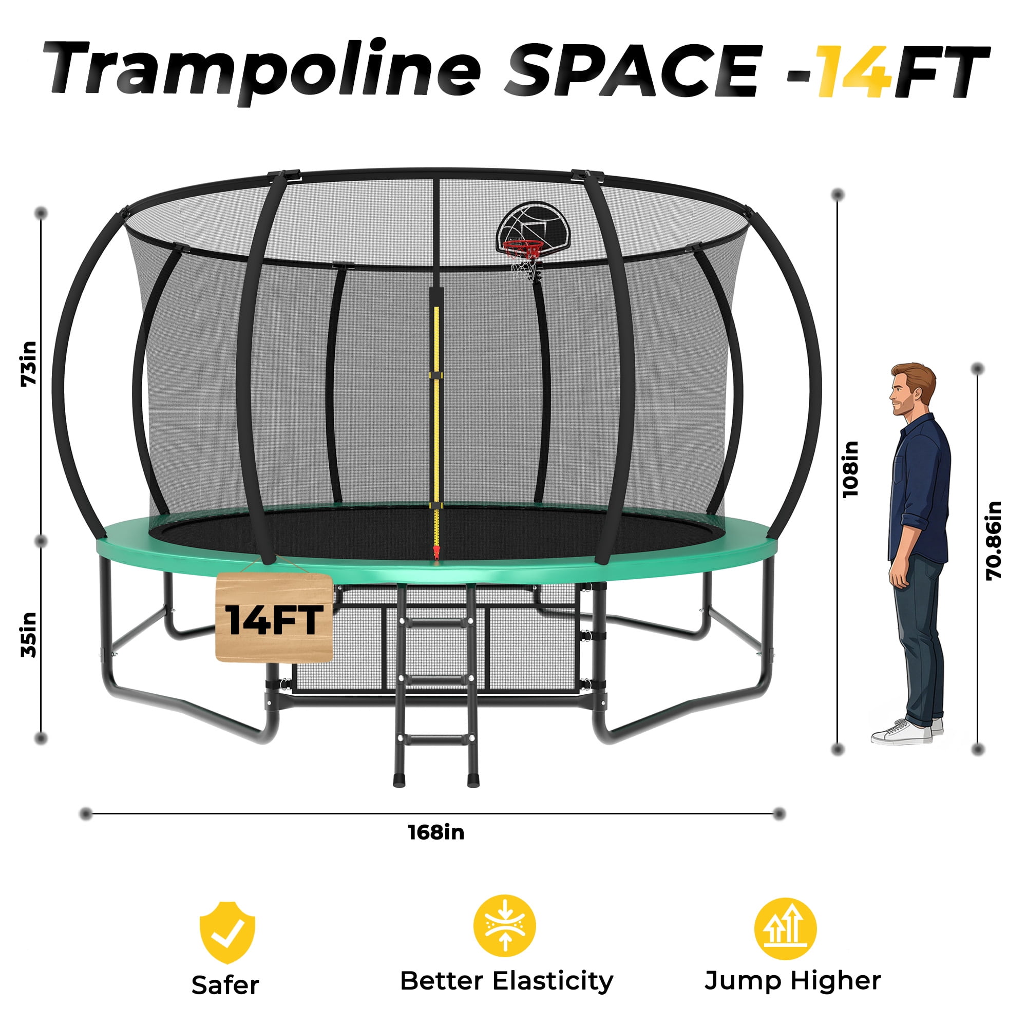 Mersco 14ft Trampoline for Kids and Adults, Pumpkin Outdoor Trampoline with Basketball Hoop,Enclosure Net and Storage Bag, Trampoline SPACE for Boys and Girls Birthday Gifts,Green