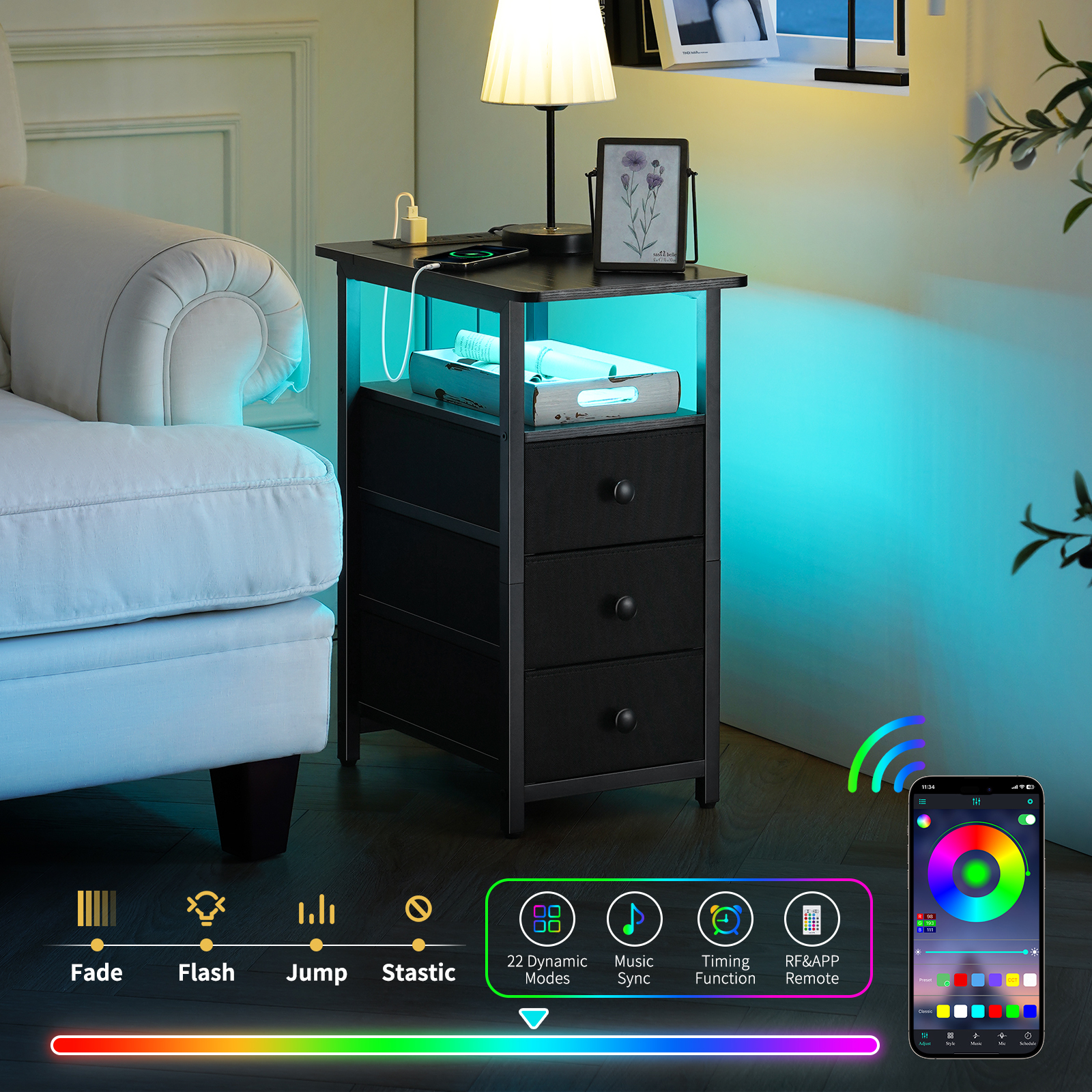 HomeYoobure Nightstand with LED Charging Station, Black photo 6