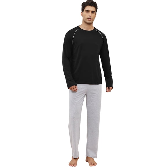 Men's Soft Cotton Pajama Set with Pockets - 2-Piece Breathable Long Sleeve Sleepwear & Loungewear, Drawstring Waist Comfort Fit,S