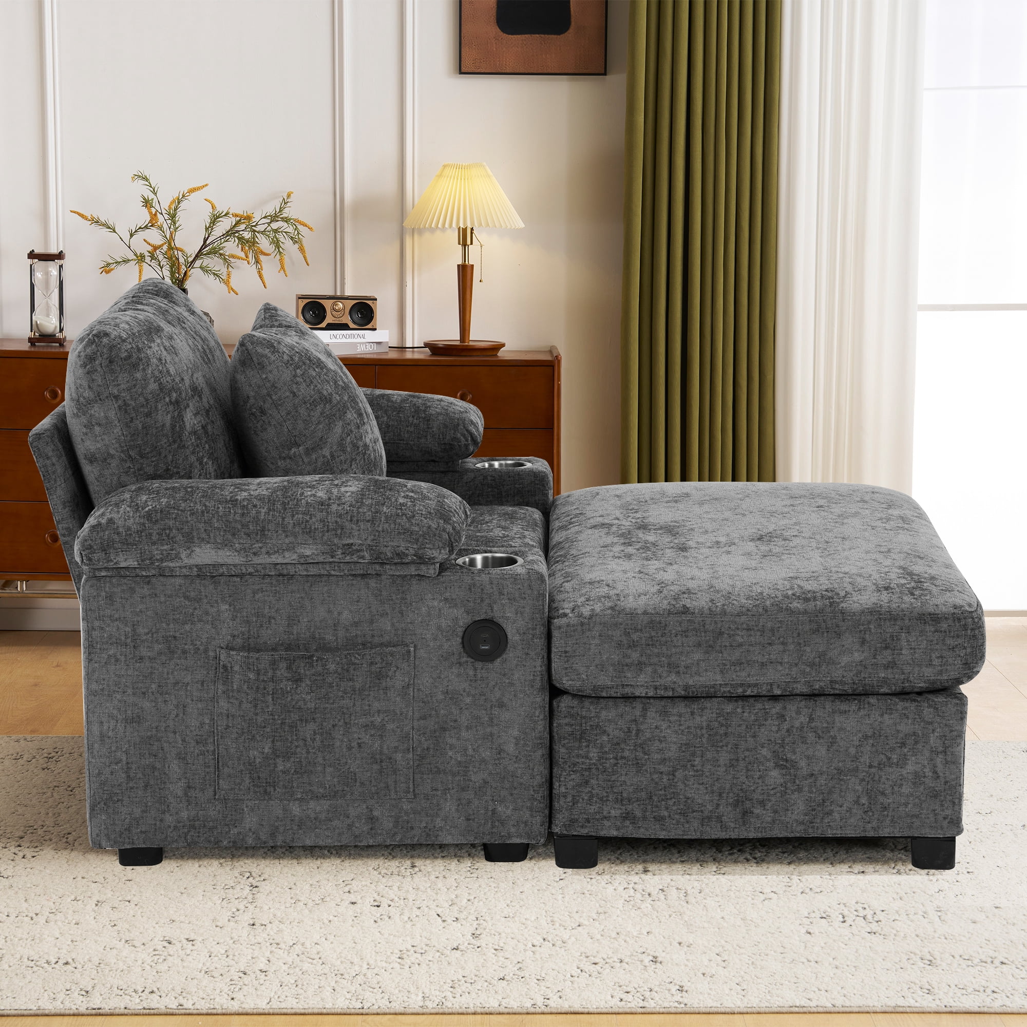 Aukfa 58" Chaise Lounge Oversized Sofa Chair with 2 Cup Holders&USB Ports, Chenille, Dark Gray