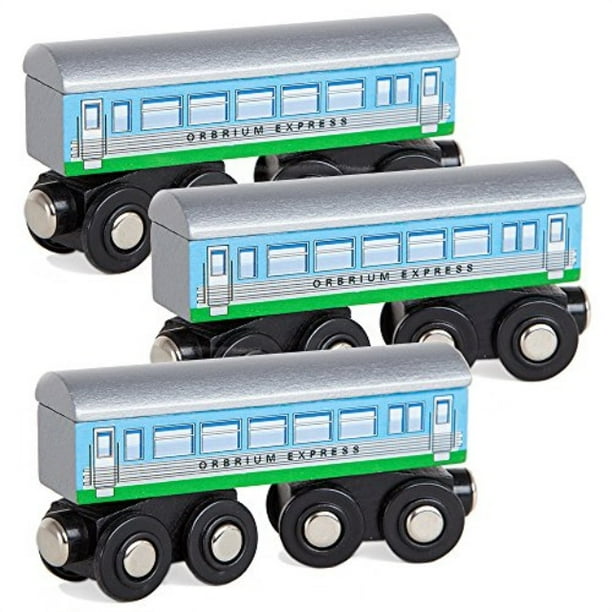 Orbrium Toys 3 Pcs Large Wooden Railway Express Coach Cars, Fits Thomas
