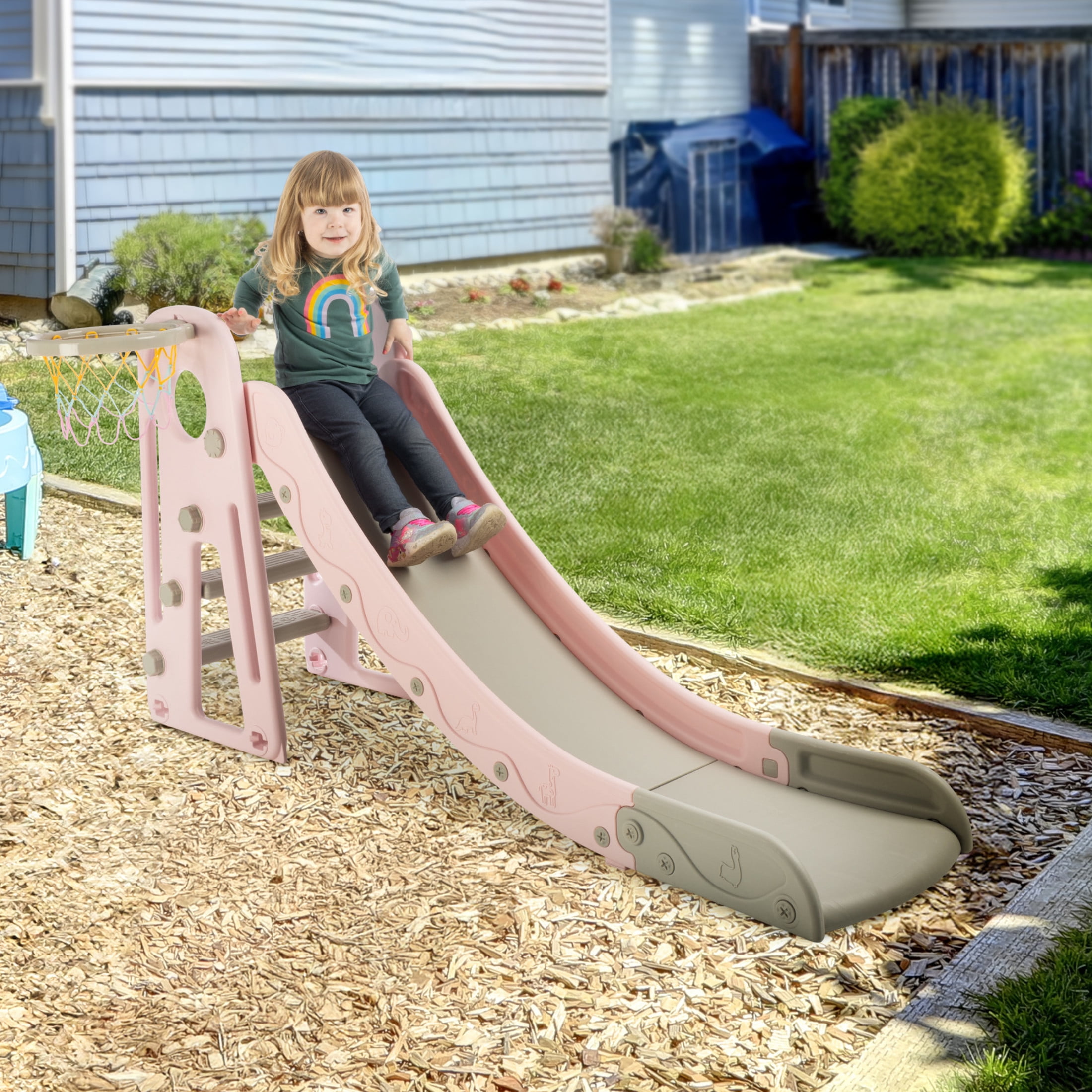Hey Play Indoor/Outdoor Toddler Slide with Basketball Hoop and Ball (Pink)