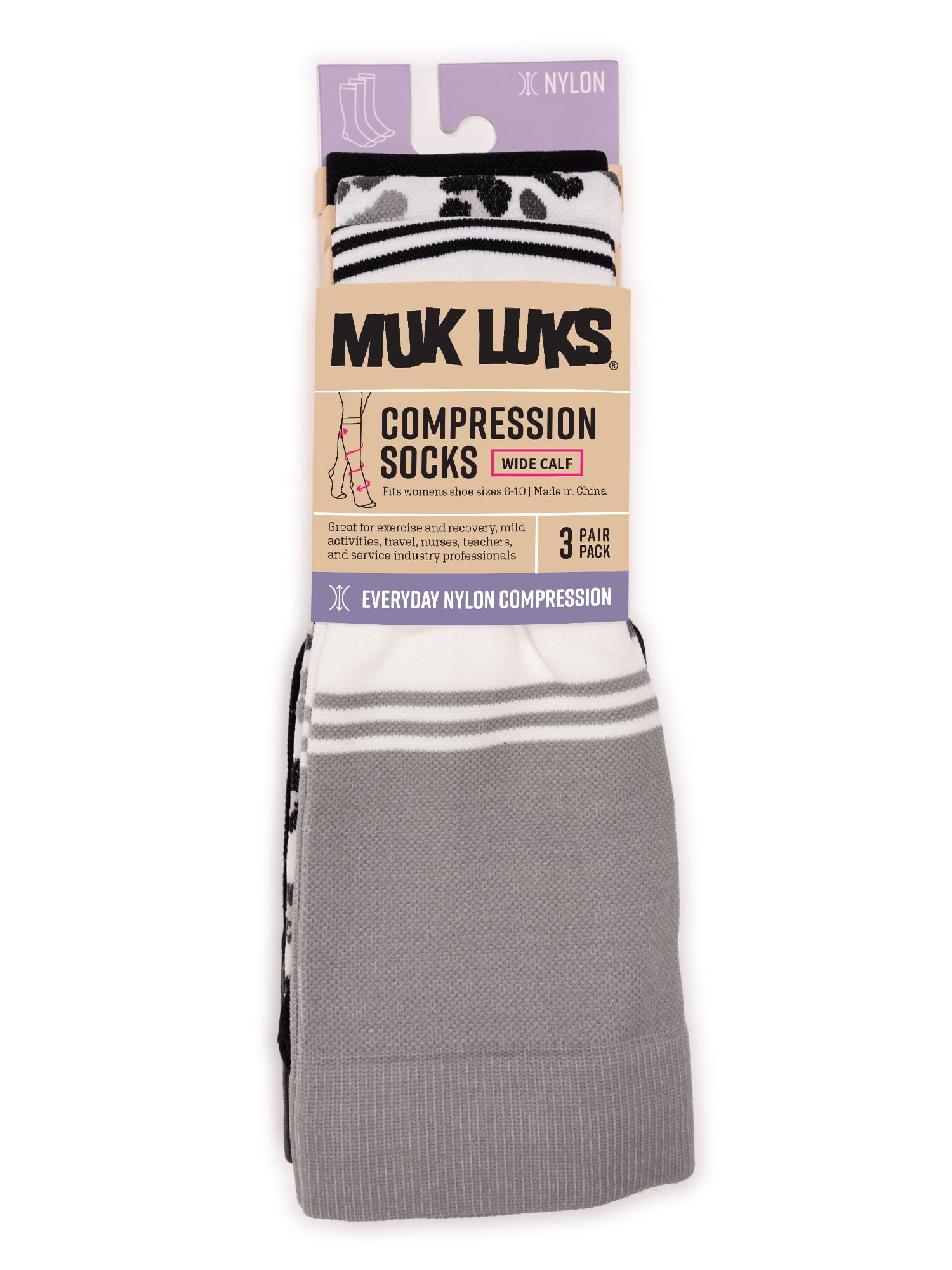 MUK LUKS Women's Regular Width Compression Nylon Knee-High Socks, 3-Pack, Shoe Size 6-10
