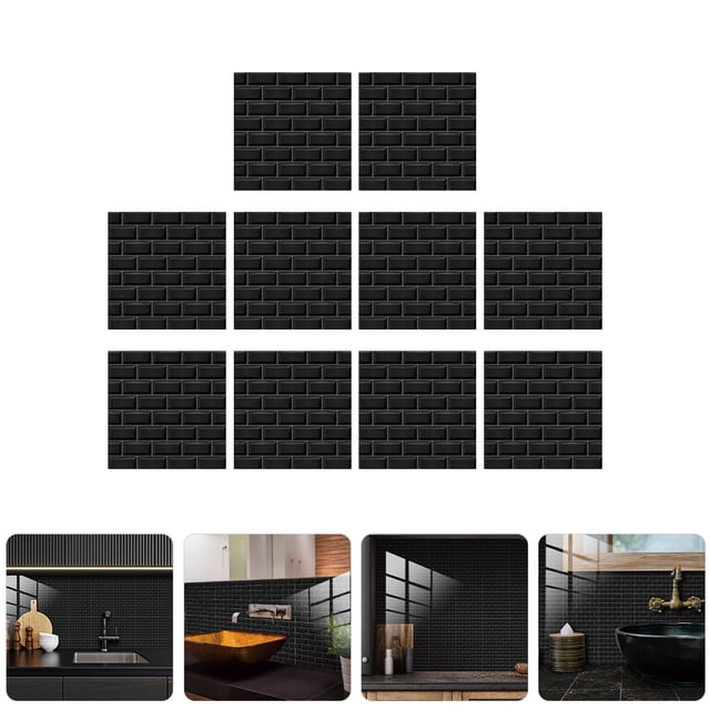 SKISUNO Removable Black Tile Stickers Vintage Look Adhesive Wall Decals for Kitchen and Bathroom