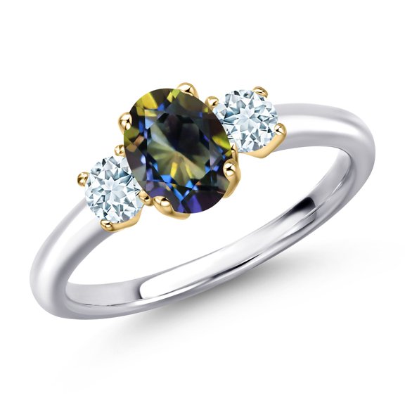 Gem Stone King 925 Silver and 10K Yellow Gold Blue Mystic Topaz and Sky Blue Aquamarine Engagement Ring for Women | 1.29 Cttw | Oval 7X5MM | Gemstone November Birthstone | Size 5