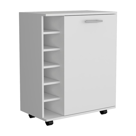 Nmkwnr 32" Tall 1 Door Bar Cart with 4 Wheels and 6 Bottle Racks, Perfect for Kitchen, Living Room, Dining Room, White