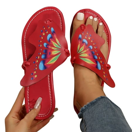 

Miluxas Women s Thong Sandals T-Strap Sandals Clearance Slip On Flat Sandals Butterflies Design Flip Flop Casual Summer Slide Sandals Red 9(42)