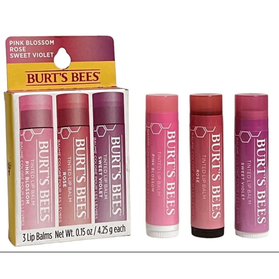 Burt's Bees Tinted Lip Balm | 3 Lip Balms (Sweet Violet, Rose, Pink Blossom)