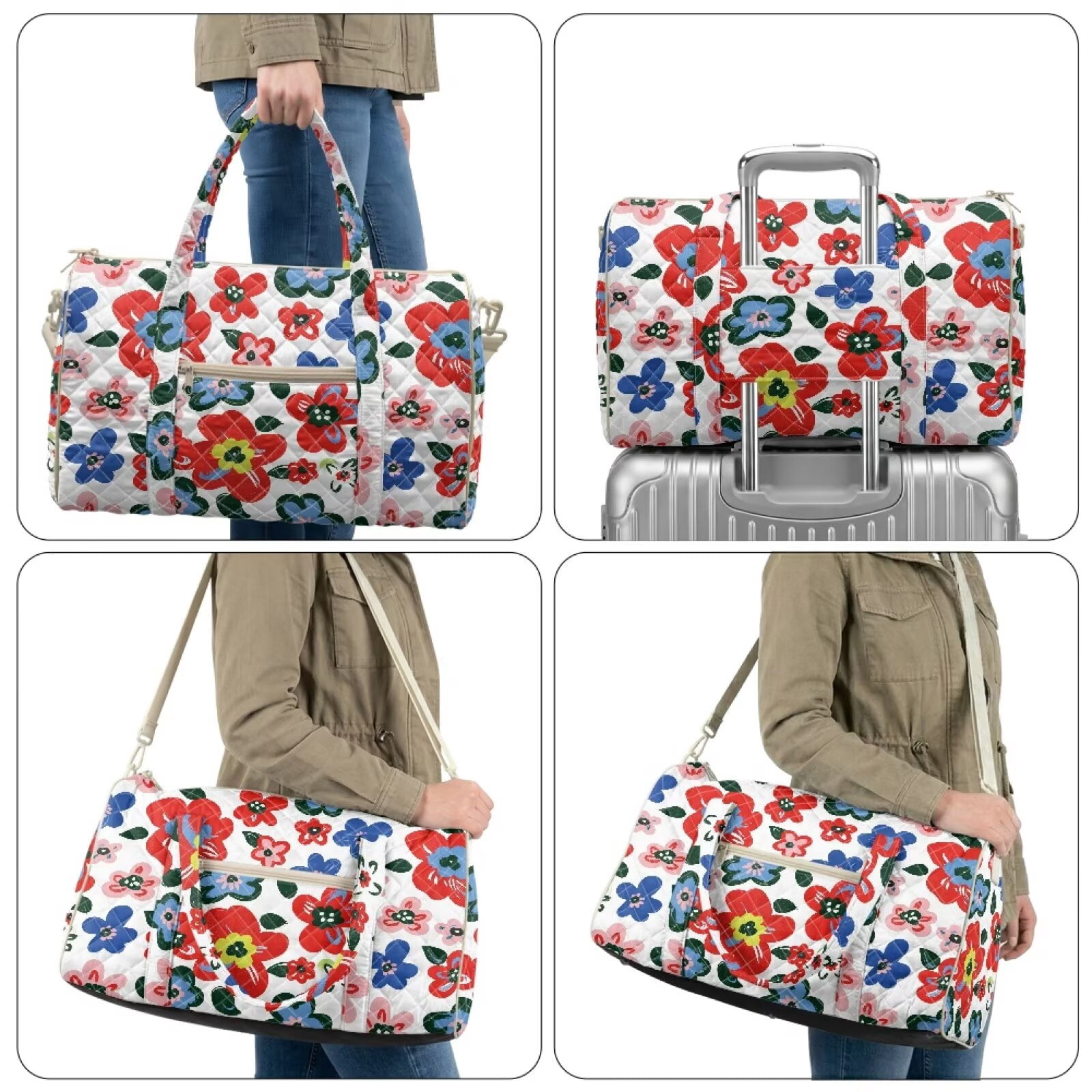 Garronmavis Large Floral Quilted Duffle Bag for Women, Cute Weekender Travel Carry On Overnight Bag with Pockets for Gym, Dance, Hospital Labor & Delivery