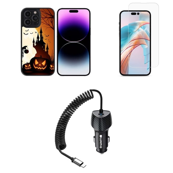 Bemz Phone Case for iPhone 15 Plus Bundle with Shockproof Anti-Scratch UV Print Protection TPU Cover, Glass Screen Protector, 40W Car Charger (USB-C Port) - 5 Foot (Halloween Haunted Castle)