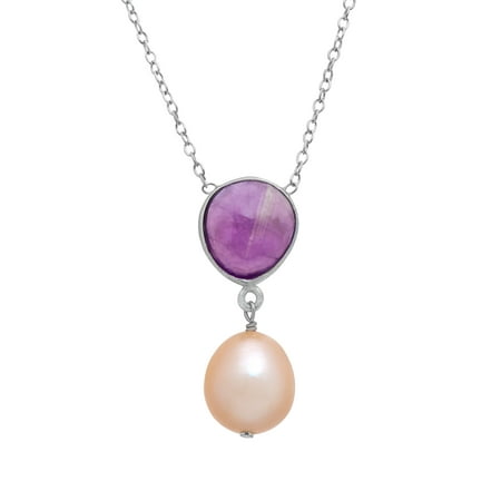 3 ct Amethyst and Peach Freshwater Pearl Drop Pendant Necklace in Sterling Silver