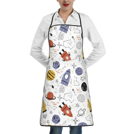 

Qekee Rocket Planets Print Adjustable Bib Apron Resistant with Pocket Cooking Kitchen Aprons for Women Men Server Chef Apron