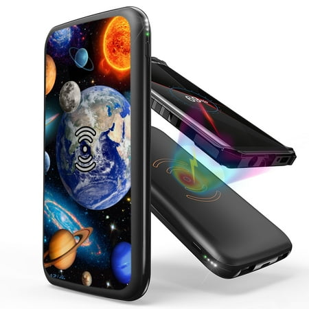 

INFUZE Qi Wireless Portable Charger for Google Pixel 5a External Battery (10000 mAh 18W Power Delivery USB-C/USB-A Ports) with Touchless Tool - Earth Space Solar System