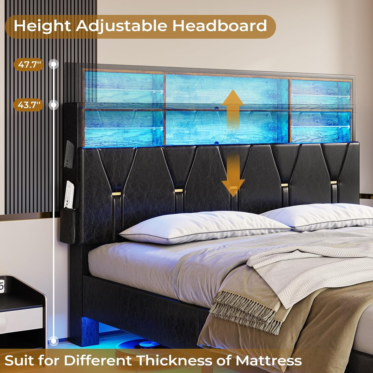 Full Size LED Bed Frame with Upholstered Storage Headboard,Platform Bed with Charging Station and LED Lights,Adjustable Headboard,No Box Spring Needed, Black