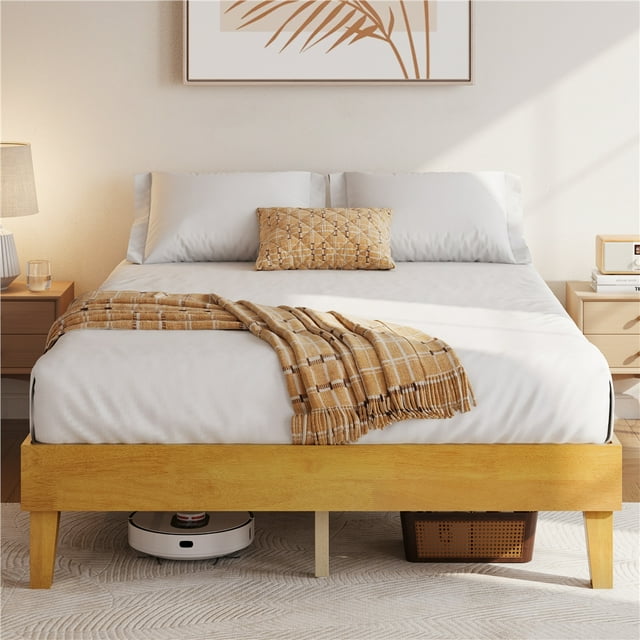 Yaheetech Queen Size Wooden Platform Bed Frame with No Headboard, Natural Wood