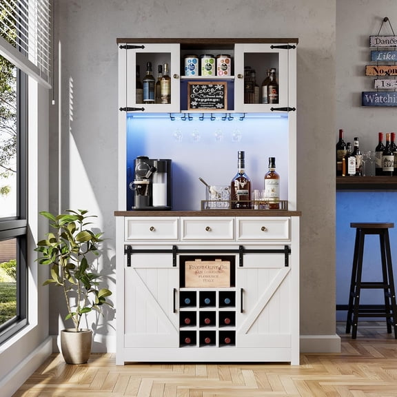 71" Coffee Bar Cabinet with Power Outlet & LED Light Farmhouse Large Kitchen Hutch with Sliding Barn Door Tall Bar Cabinets with Storage Drawers & Wine Dispaly Rack Pantry China Cabinet