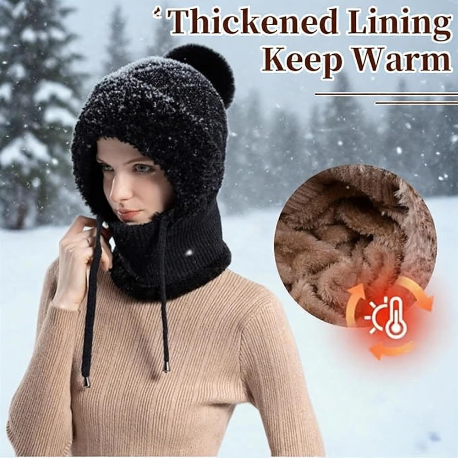 3 in 1 Beanie Hat with Scarf & Mask for Women, Windproof Balaclava for Outdoor Activities