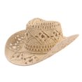 thumbnail image 2 of Men Women's Summer Cowboy Cowgirl Straw Hat Hollow Out Woven Roll Up Wide Brim Hat, 2 of 6