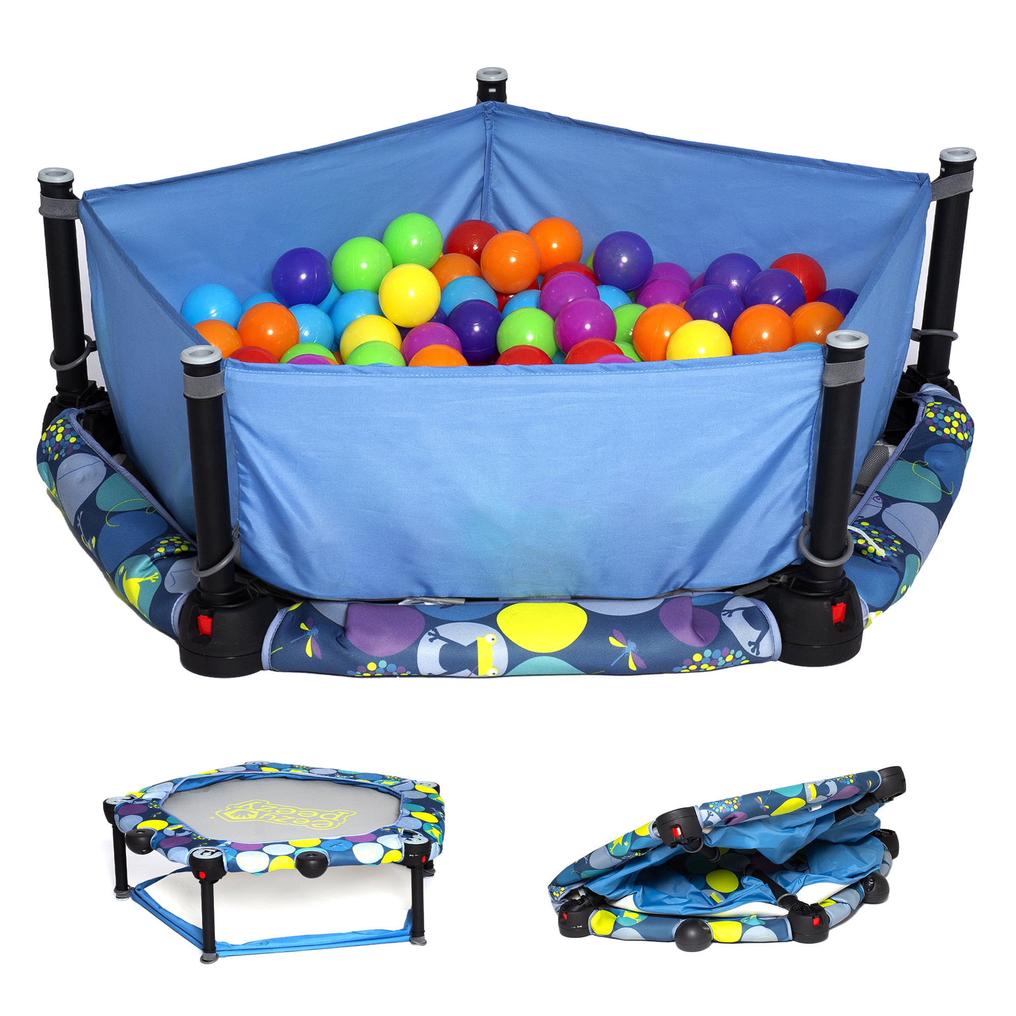 Eezy Peezy 3-in-1 Folding Ball Pit, Toddler Bouncer & Trampoline with Safety Handle, 62 Play Balls Included, Indoor/Outdoor Active Play for Babies, Toddlers & Kids Ages 10 Months-5 Years