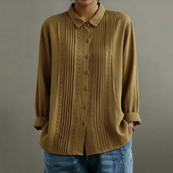 Pounoo Blouses for Women Dressy Casual Long Sleeve Collared Pleated Cutout Trim Button Front Blouses Relaxed Fit Office Casual Outfits Gift