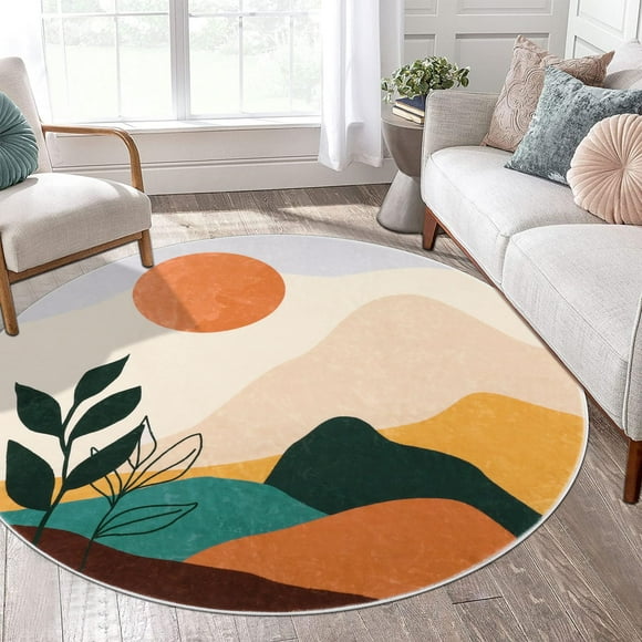 HiiARug Tapis Rond 4 Pieds Doux Chic Soleil Montagne Tapis Rond Lavable en Machine Antidérapant Tapis de Sol pour Chambres Salon Canapé Salle de Jeux Décoration Maison (Vert)