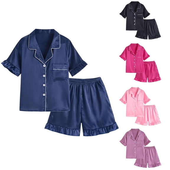 Trendfront Girls Solid Color Outfit Set Notch Neck Short Sleeve Top Summer 2 Piece Matching Shorts Bundle Kids Ages 3-12Y Trendy Daily Wear Set Clothes Set