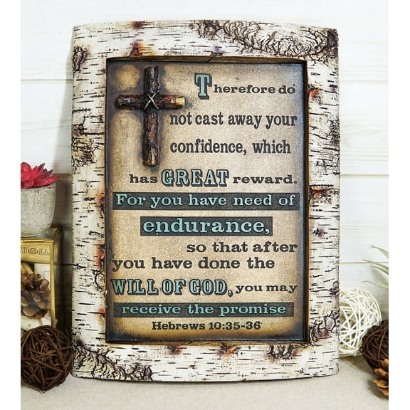 Rustic Faux Birchwood Log Cross Herbrews 10:35 Bible Verse Wall Decor Plaque