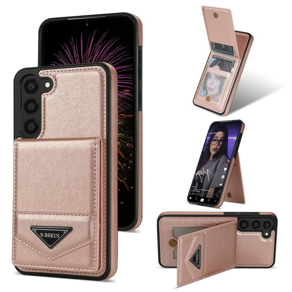 Nalacover Case for Samsung Galaxy S22 PU Leather Wallet Case with 4 Card Slots - Luxury Flip Magnetic Button Kickstand Purse Case Shockproof Anti-Scratches Cover,Pink