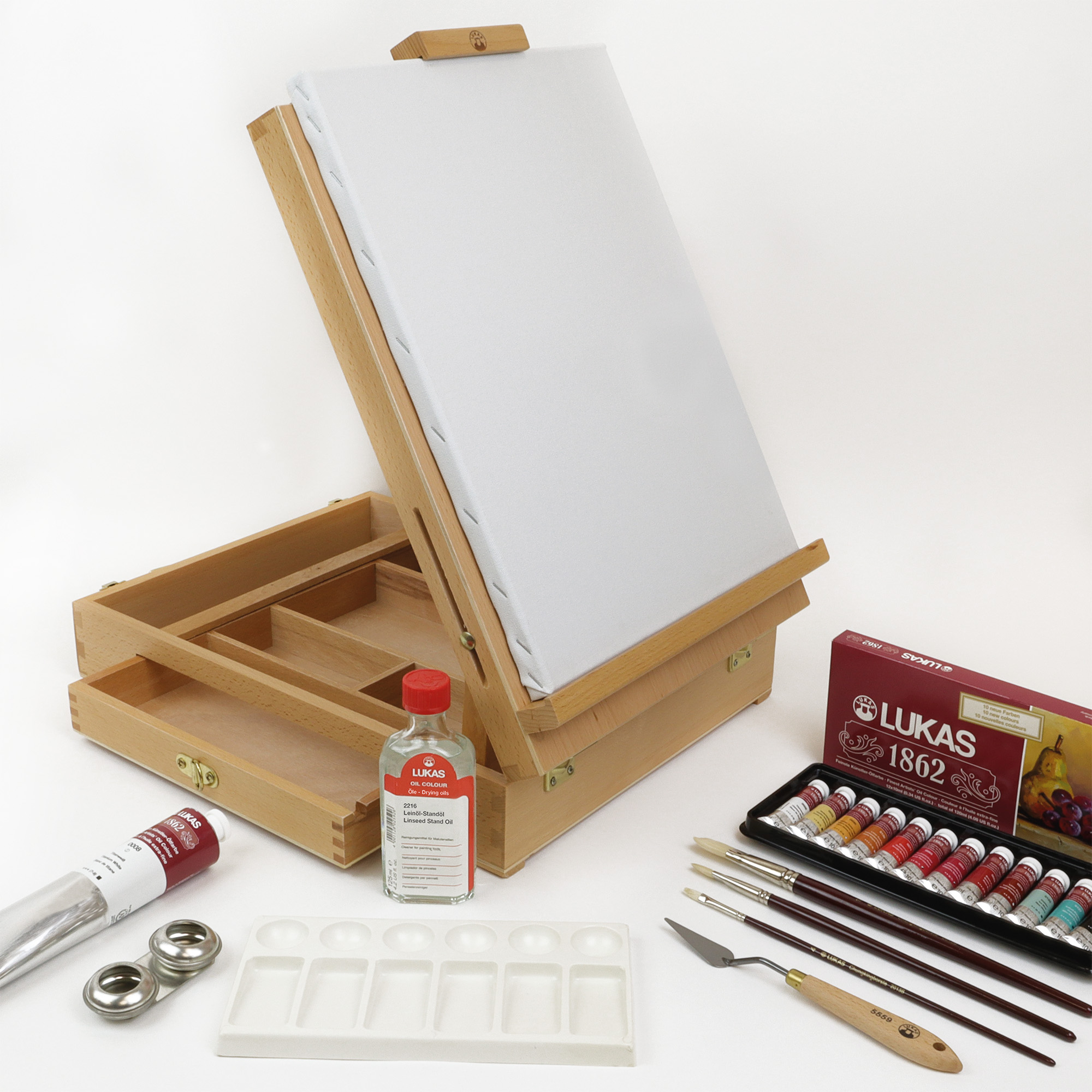 Lukas 1862 Oil Color Limited Edition Wood Box Easel Set -Professional Paint Set & Painting Kit for Adults -Includes Titanium White, 12 10ml Colors, Brushes, Palette, Canvas, & Linseed Stand Oil