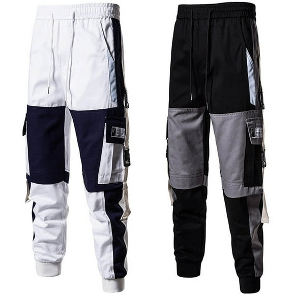 JURANMO Fashion Tapered Pants for Men Color Block Cargo Pants Drawstring Elastic Waist Jogger Pants with Multi-pockets Black XXXL