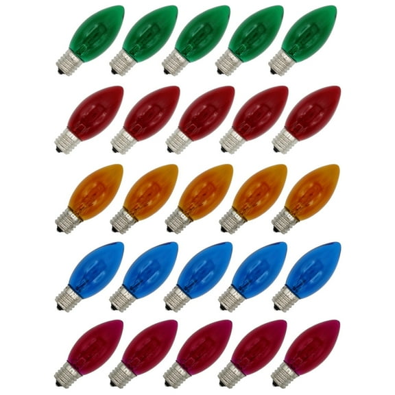 Creative Hobbies Box of 25 Steady Burning C9 Light Bulbs - Transparent Multicolor - 7 Watt, Extended Life, Nickel Plated Candelabra Base - Great for Christmas Lights, Decorative Lights